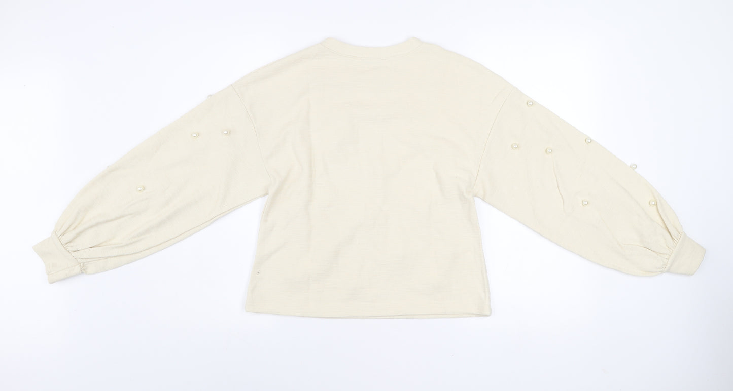ZARA Women Beige Pearl Beaded Knit Balloon Sleeve Jumper Size 12
