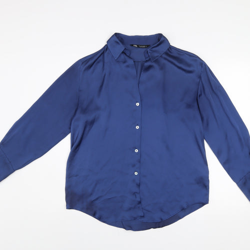 ZARA Women Blue Collared Satin Long Sleeve Button Blouse Size S