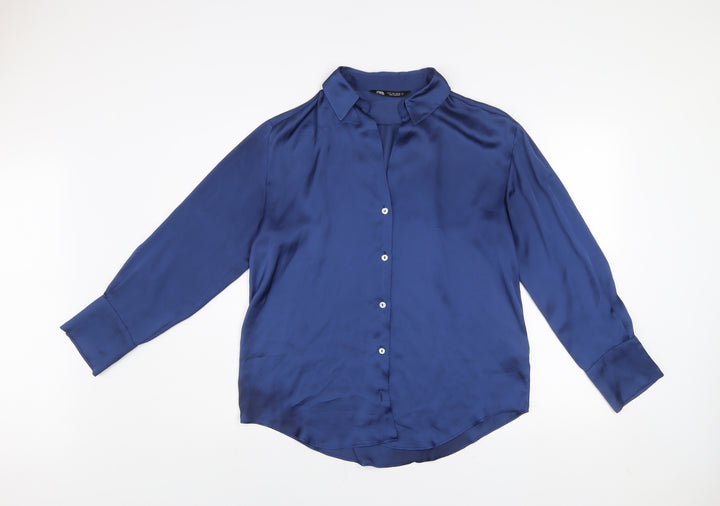 ZARA Women Blue Collared Satin Long Sleeve Button Blouse Size S
