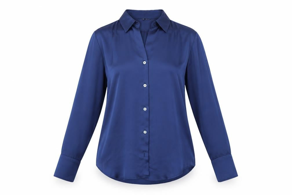 Front view of Zara Women Blue Collared Satin Long Sleeve Button Blouse, size S