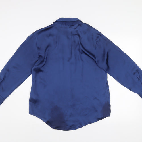 ZARA Women Blue Collared Satin Long Sleeve Button Blouse Size S