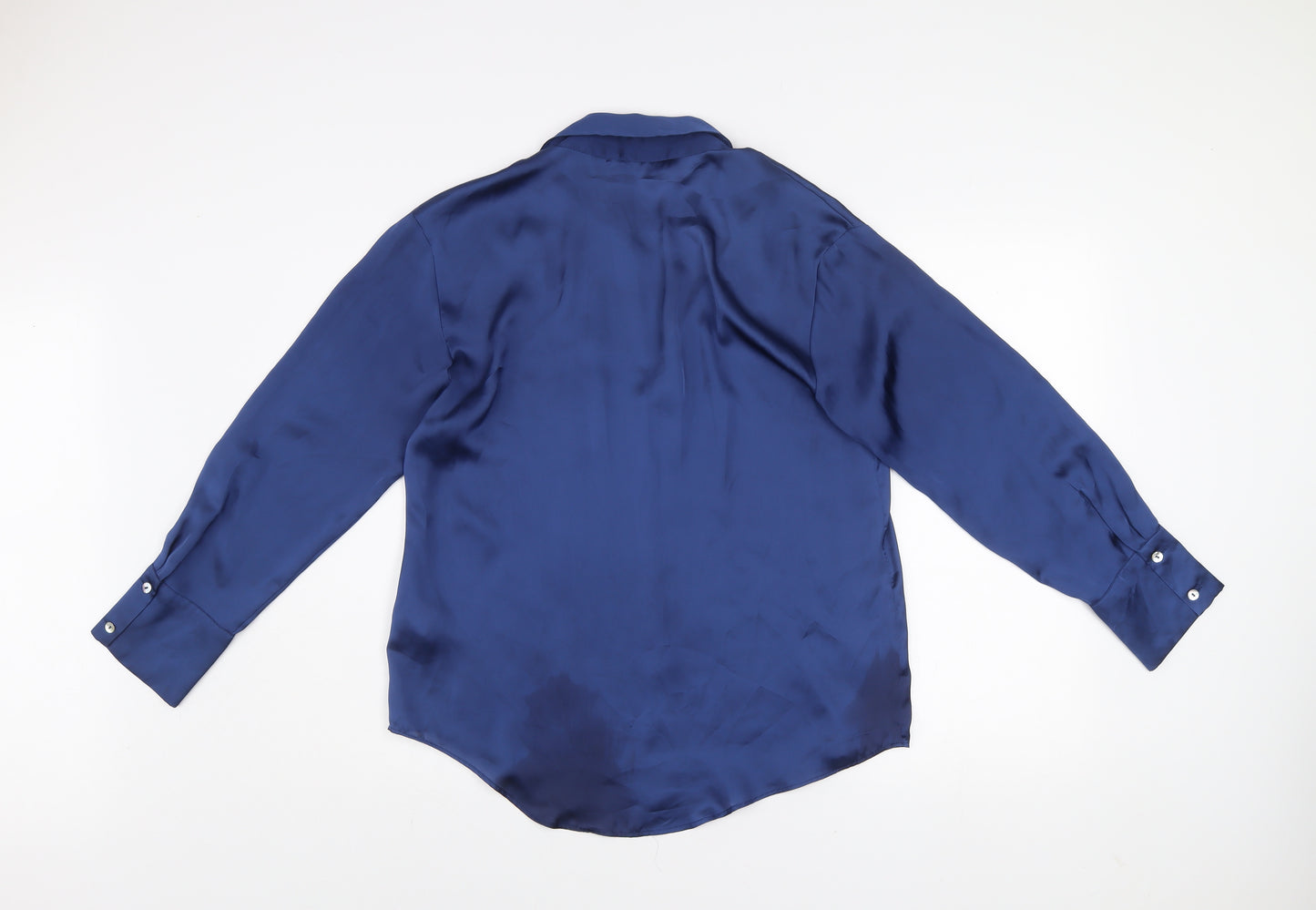 ZARA Women Blue Collared Satin Long Sleeve Button Blouse Size S