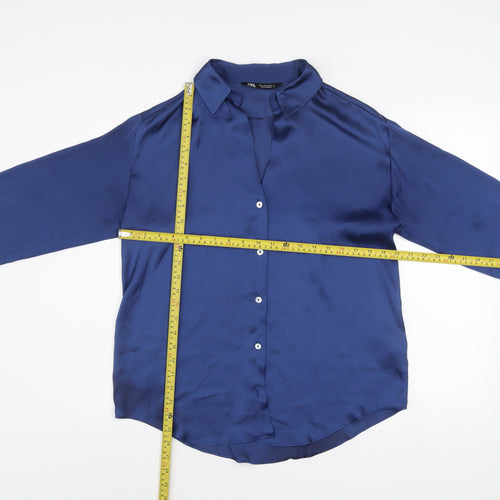ZARA Women Blue Collared Satin Long Sleeve Button Blouse Size S