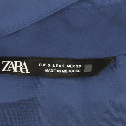 ZARA Women Blue Collared Satin Long Sleeve Button Blouse Size S