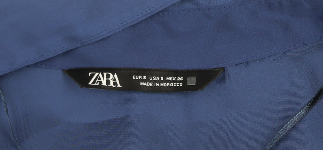 ZARA Women Blue Collared Satin Long Sleeve Button Blouse Size S