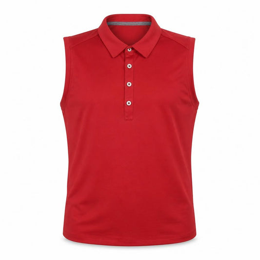 Front view of Ashworth Men’s Red Sleeveless Collared Polo Shirt, size M