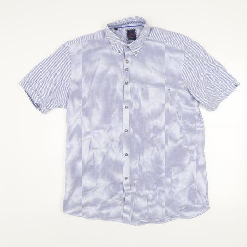 André Jeanswear Men's Blue Striped Cotton Short Sleeve Button-Up Shirt L