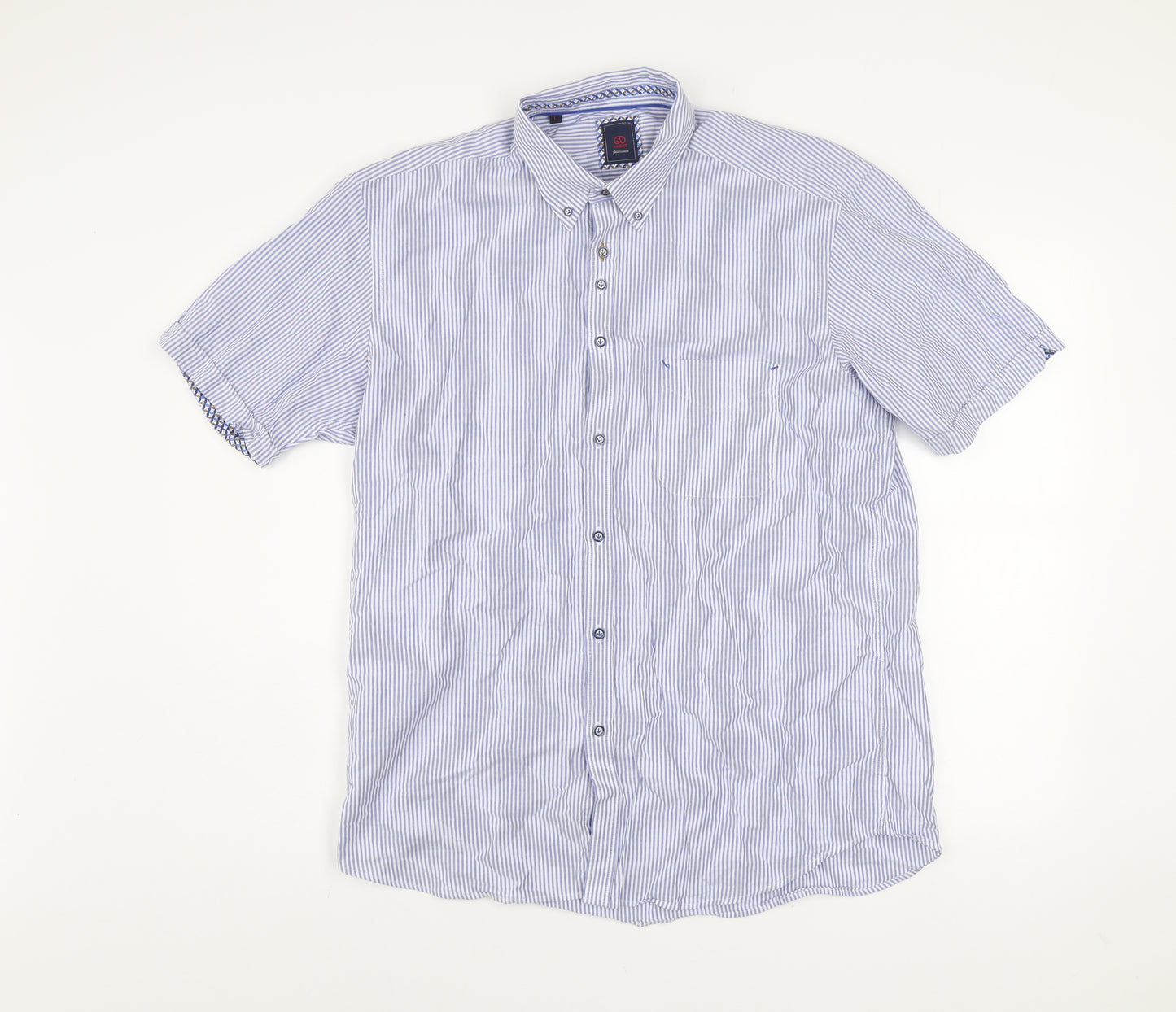 André Jeanswear Men's Blue Striped Cotton Short Sleeve Button-Up Shirt L