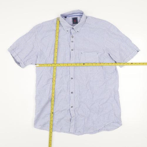 André Jeanswear Men's Blue Striped Cotton Short Sleeve Button-Up Shirt L