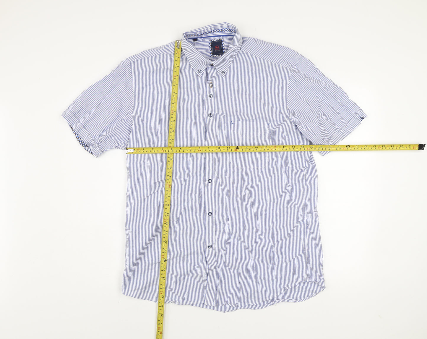 André Jeanswear Men's Blue Striped Cotton Short Sleeve Button-Up Shirt L