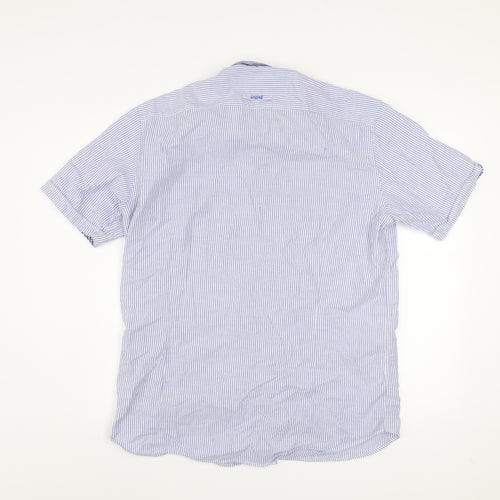 André Jeanswear Men's Blue Striped Cotton Short Sleeve Button-Up Shirt L