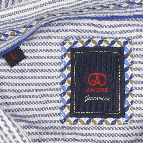 André Jeanswear Men's Blue Striped Cotton Short Sleeve Button-Up Shirt L