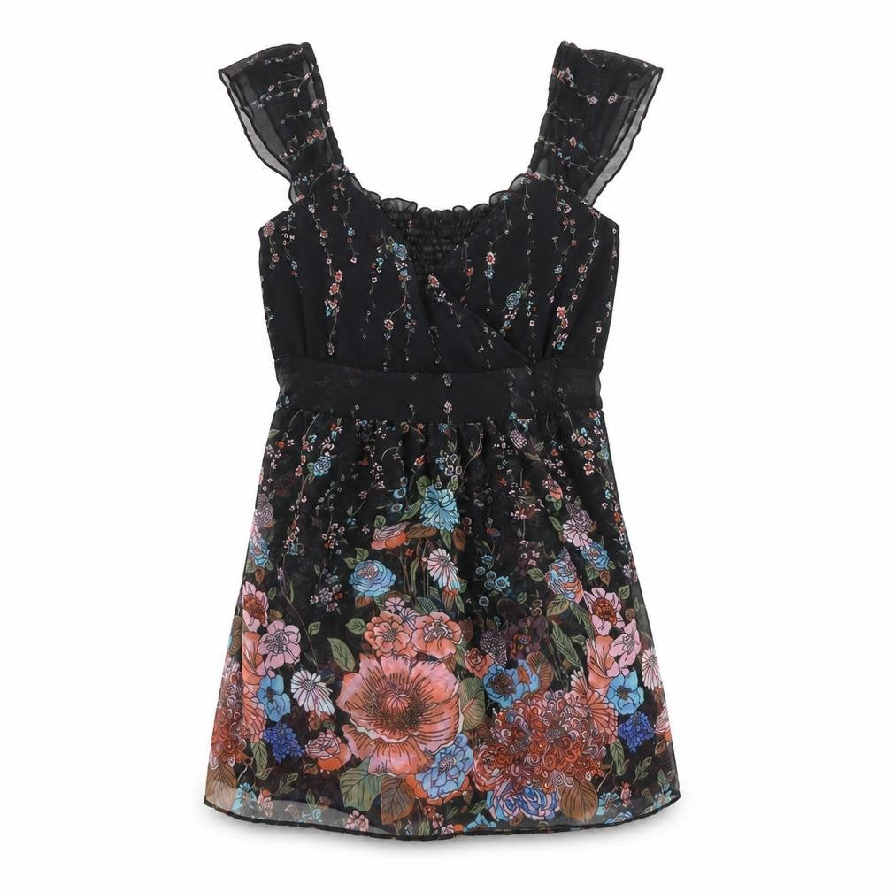Front view of Influence Women’s Black Floral Chiffon Tunic Blouse, size M