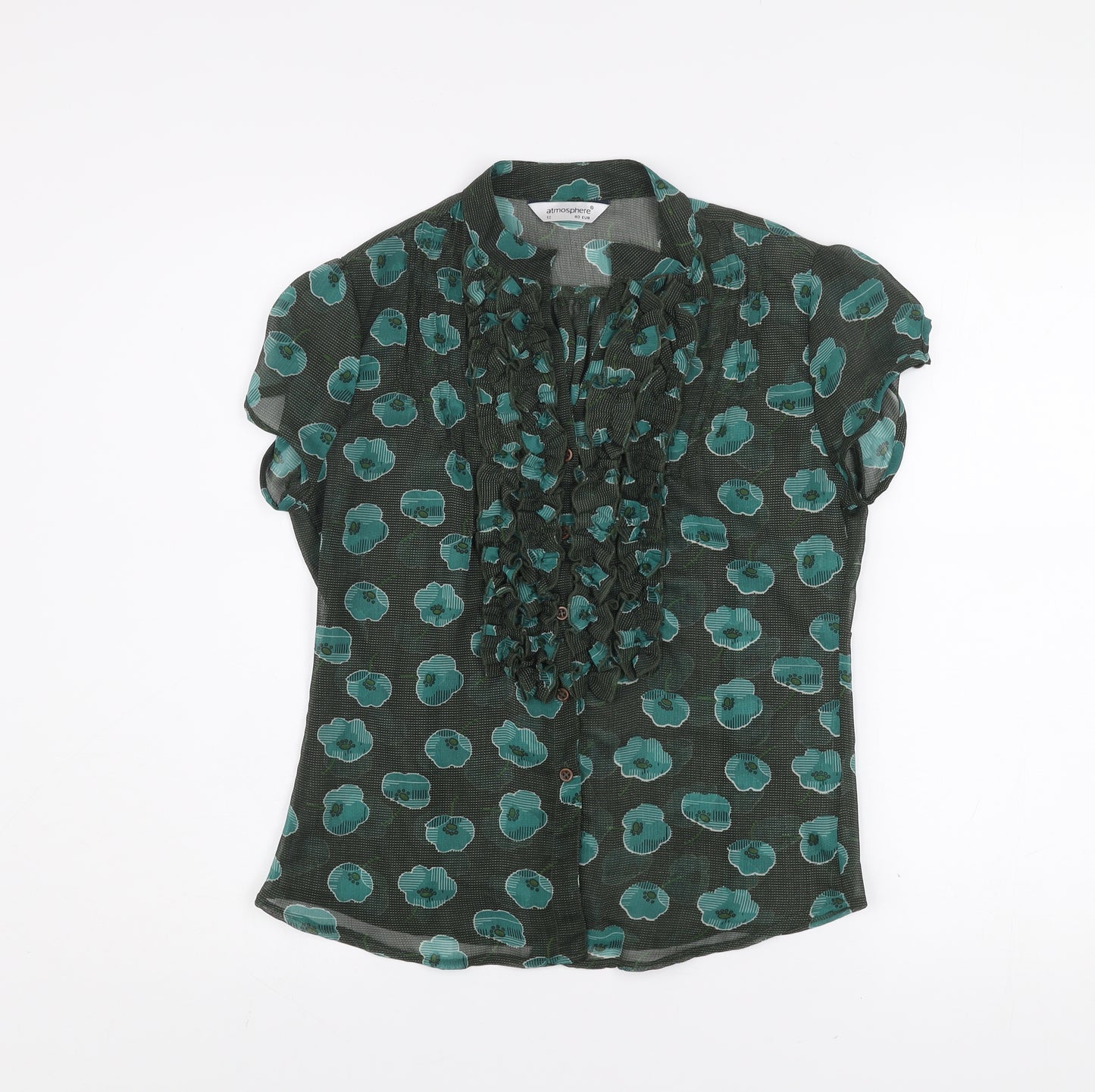 Atmosphere Women Green Floral Ruffle Chiffon Blouse Size 12