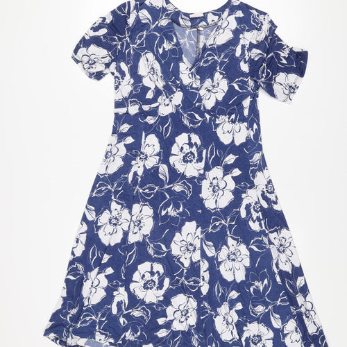 Angelo Women Blue Floral Fit & Flare V-Neck Short Sleeve Knee Length Dress Size 14