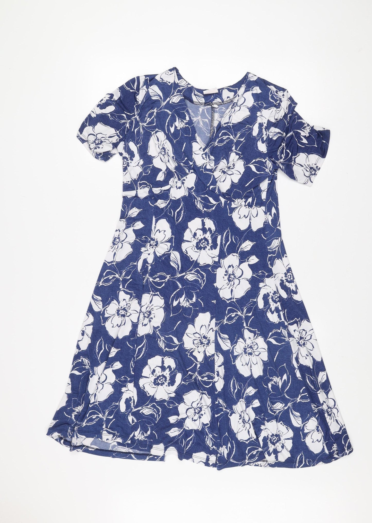 Angelo Women Blue Floral Fit & Flare V-Neck Short Sleeve Knee Length Dress Size 14