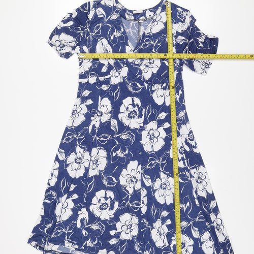 Angelo Women Blue Floral Fit & Flare V-Neck Short Sleeve Knee Length Dress Size 14