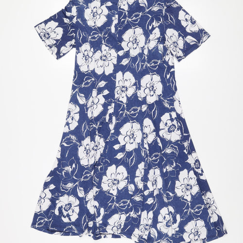 Angelo Women Blue Floral Fit & Flare V-Neck Short Sleeve Knee Length Dress Size 14