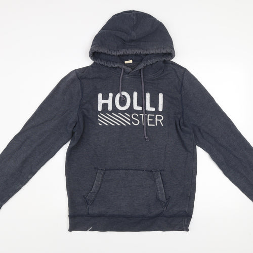 Hollister Men Blue Pullover Hoodie M Logo Graphic Cotton Blend