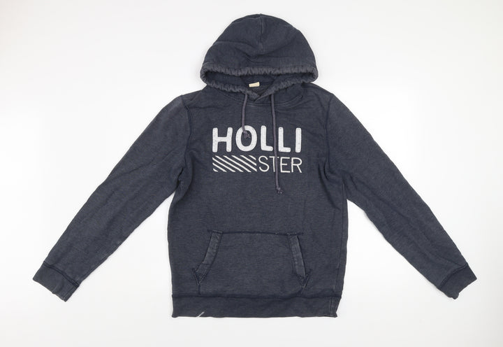 Hollister Men Blue Pullover Hoodie M Logo Graphic Cotton Blend