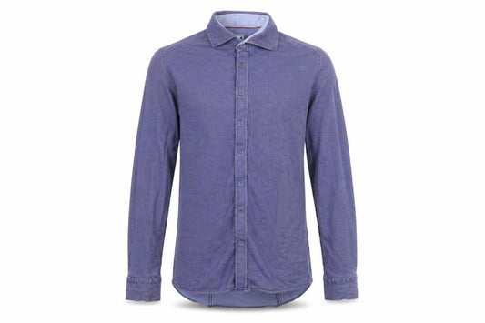 Front view of Benetti men’s blue long sleeve stretch button-up shirt, size L