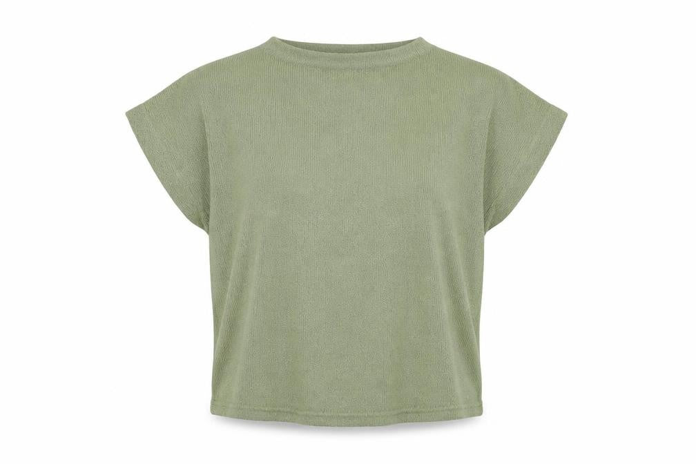 Front view of Gallery Women Olive Green Short Sleeve Jersey Top, size M