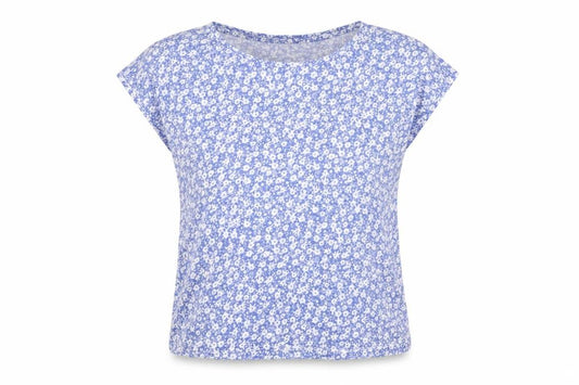 Front view of ESMARA Women's Blue Floral Cotton Blend Sleeveless T-Shirt, size 8