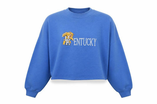 Front view of Fruit of the Loom Women Blue Kentucky Embroidered Pullover Sweatshirt L