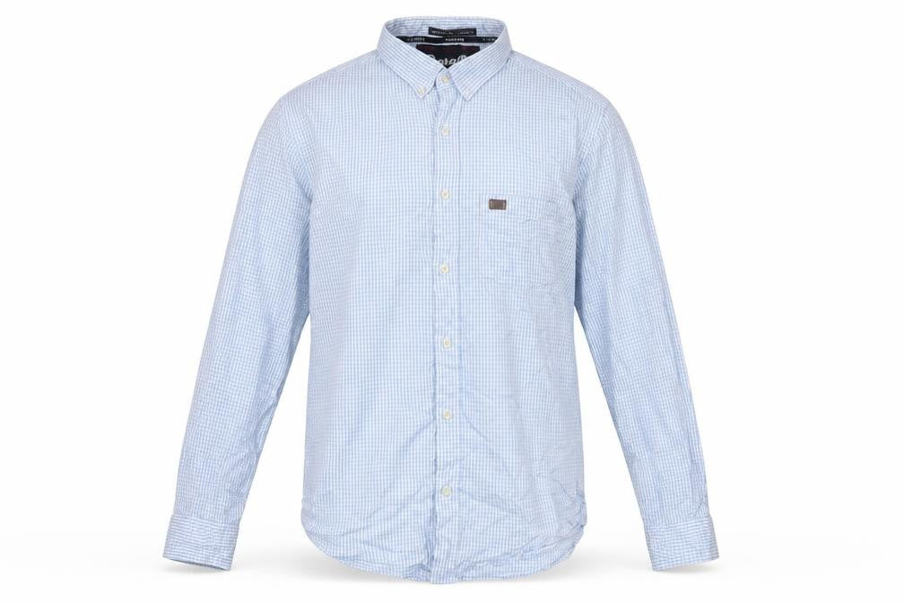 Front view of Paraffin Men’s Blue Check Long Sleeve Button-Up Cotton Shirt, size L