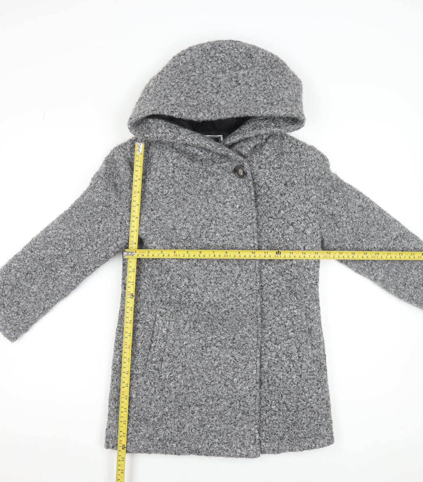 C&A Girls Grey Hooded Bouclé Mid-Length Coat 8-9 Years