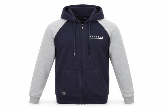 Front view of Henleys Men's Blue & Grey Full Zip Hooded Active Jacket, size L