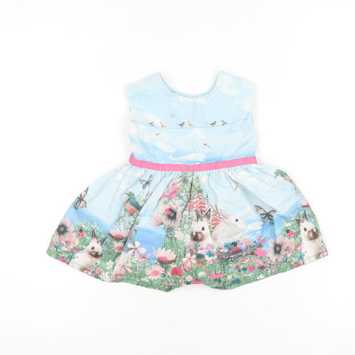 Next Girls Blue Rabbit Floral Scene Fit & Flare Dress 3-6 Months