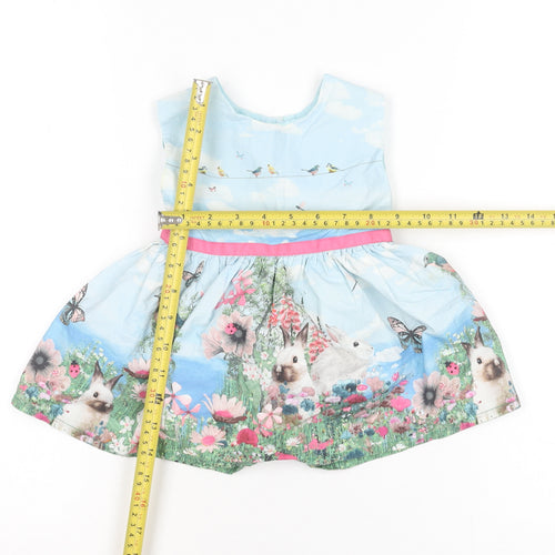 Next Girls Blue Rabbit Floral Scene Fit & Flare Dress 3-6 Months