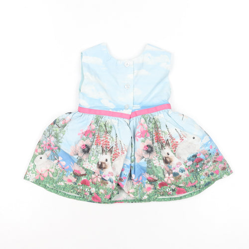 Next Girls Blue Rabbit Floral Scene Fit & Flare Dress 3-6 Months
