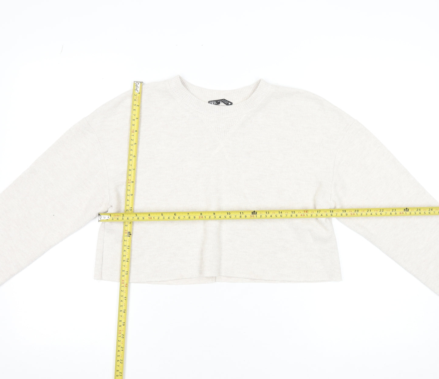 ZARA Women Beige Knit Crew Neck Cropped Long Sleeve Jumper Size S