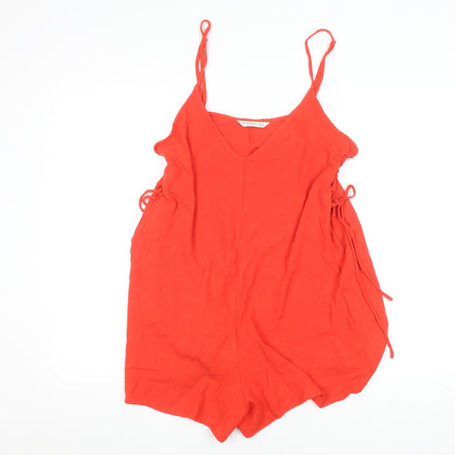 Stradivarius Women Red Linen Blend Sleeveless Playsuit Size 12