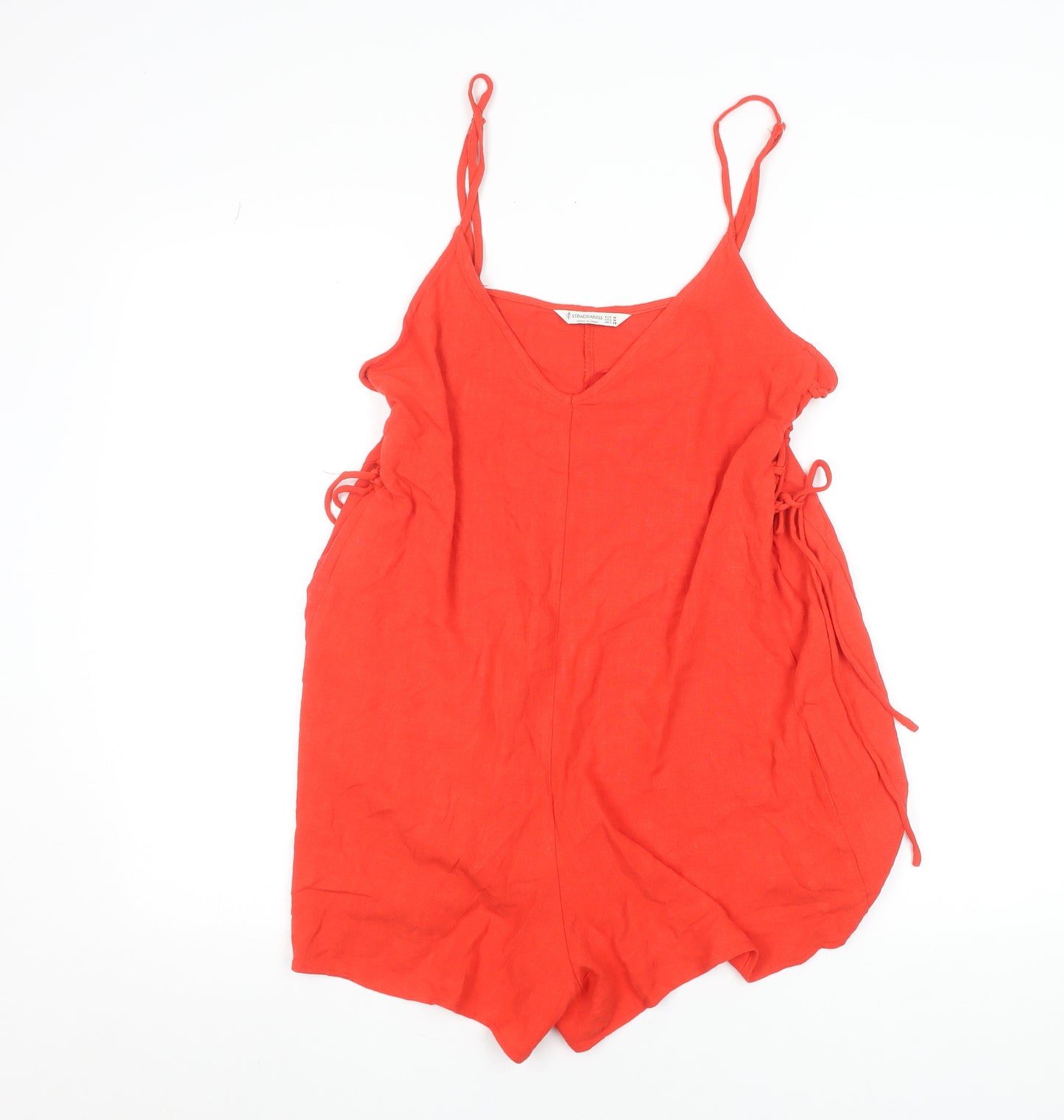 Stradivarius Women Red Linen Blend Sleeveless Playsuit Size 12
