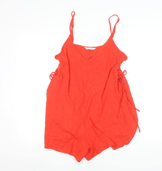 Stradivarius Women Red Linen Blend Sleeveless Playsuit Size 12