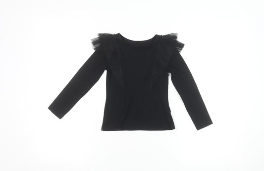 Dunnes Girls Black Long Sleeve Ruffle Shoulder Cotton T-Shirt 3-4 Years