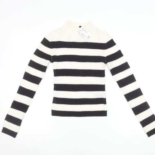 H&M Women's Black & White Striped Mock Neck Ribbed Jumper Size 12