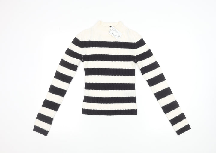 H&M Women's Black & White Striped Mock Neck Ribbed Jumper Size 12