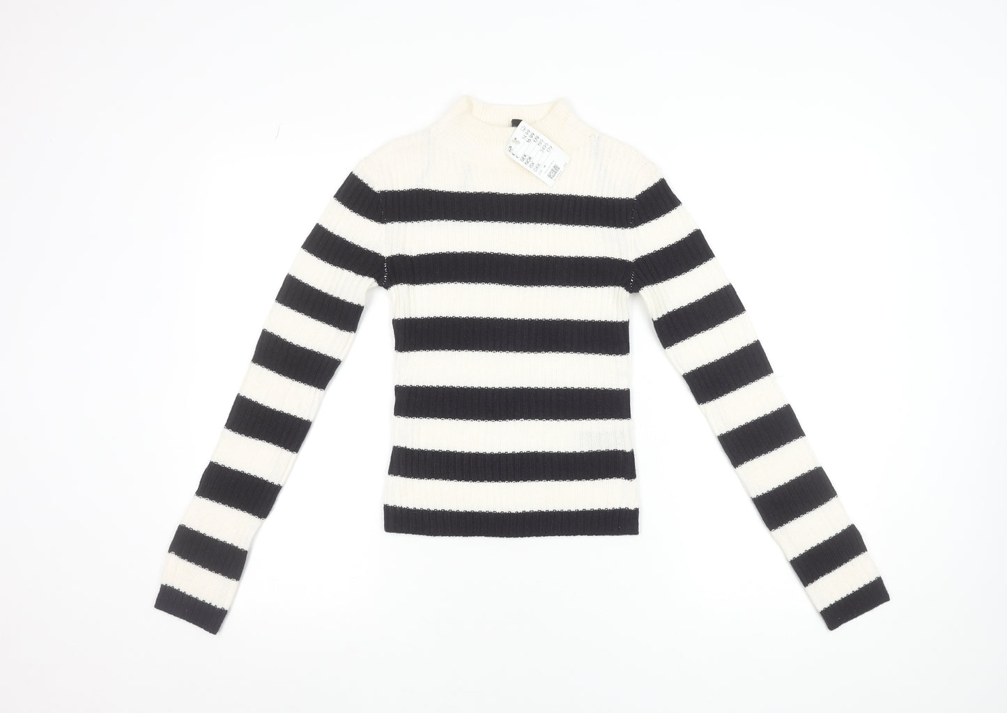 H&M Women's Black & White Striped Mock Neck Ribbed Jumper Size 12