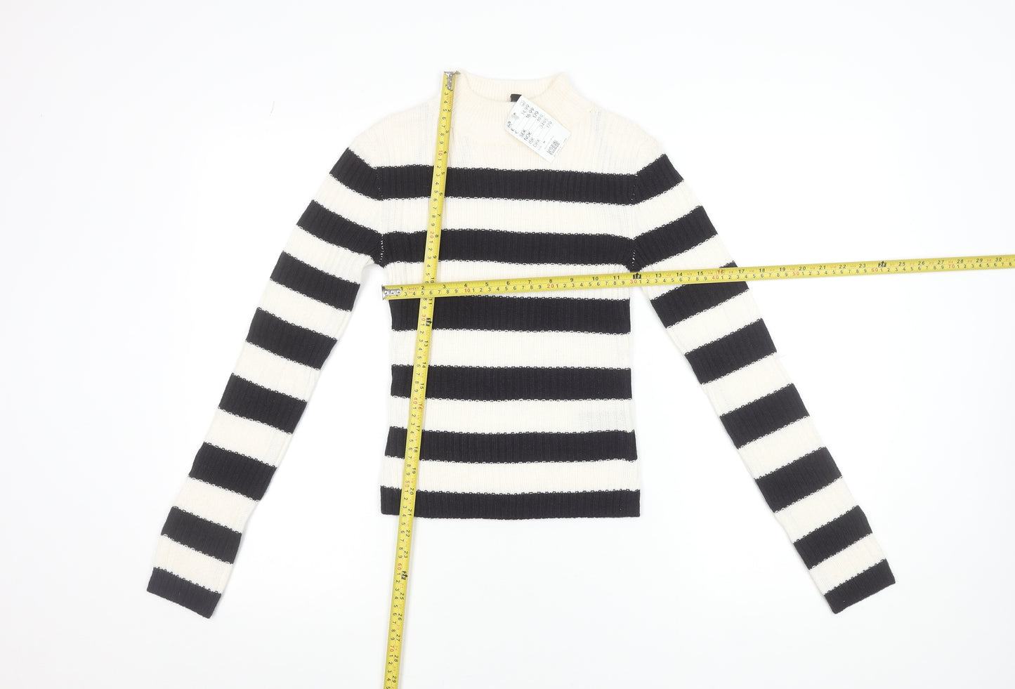 H&M Women's Black & White Striped Mock Neck Ribbed Jumper Size 12