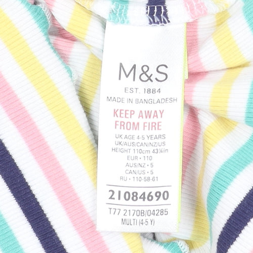 Marks and Spencer Girls Multicoloured Striped Short Sleeve Cotton T-Shirt 4-5 Years