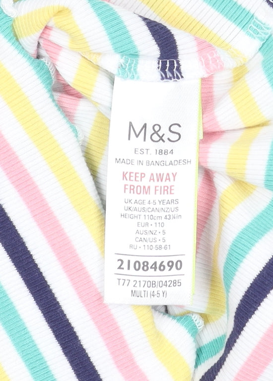 Marks and Spencer Girls Multicoloured Striped Short Sleeve Cotton T-Shirt 4-5 Years