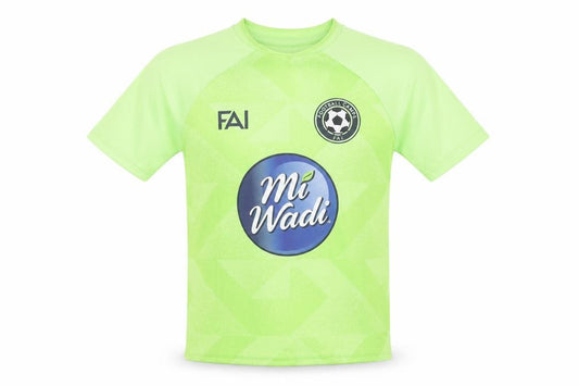 Front view of FAI Football Camps boys’ green short sleeve football jersey t-shirt s