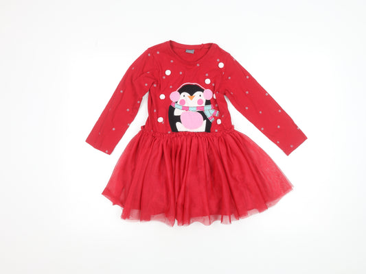 Next Girls Red Penguin Christmas Tutu Dress 3-4 Years Long Sleeve Cotton Blend