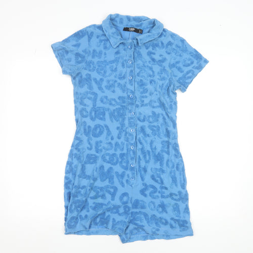 Jaded London Women’s Blue Textured Terry Collared Button-Up Playsuit Size 12