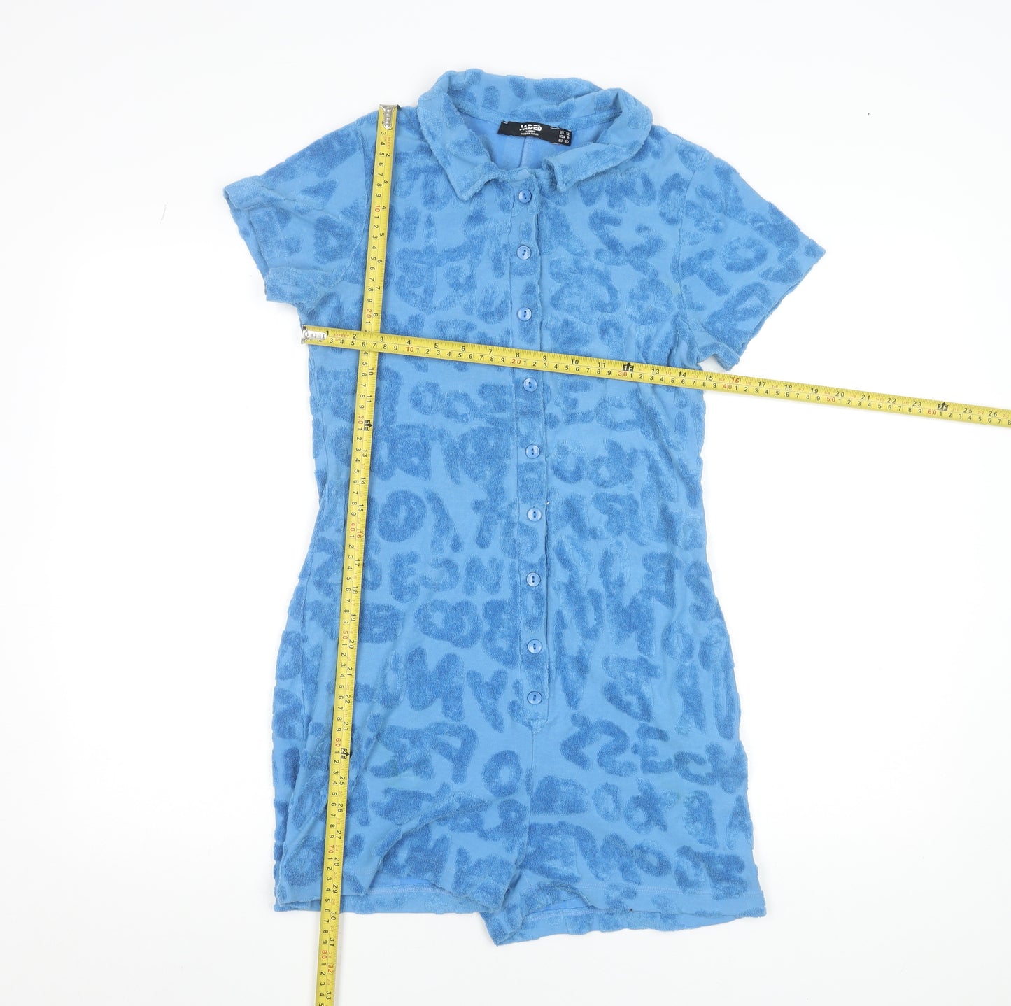 Jaded London Women’s Blue Textured Terry Collared Button-Up Playsuit Size 12