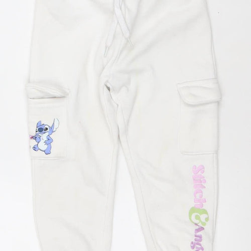 Disney Girls White Stitch Jogger Trousers 2-3 Years Cotton Blend Fleece